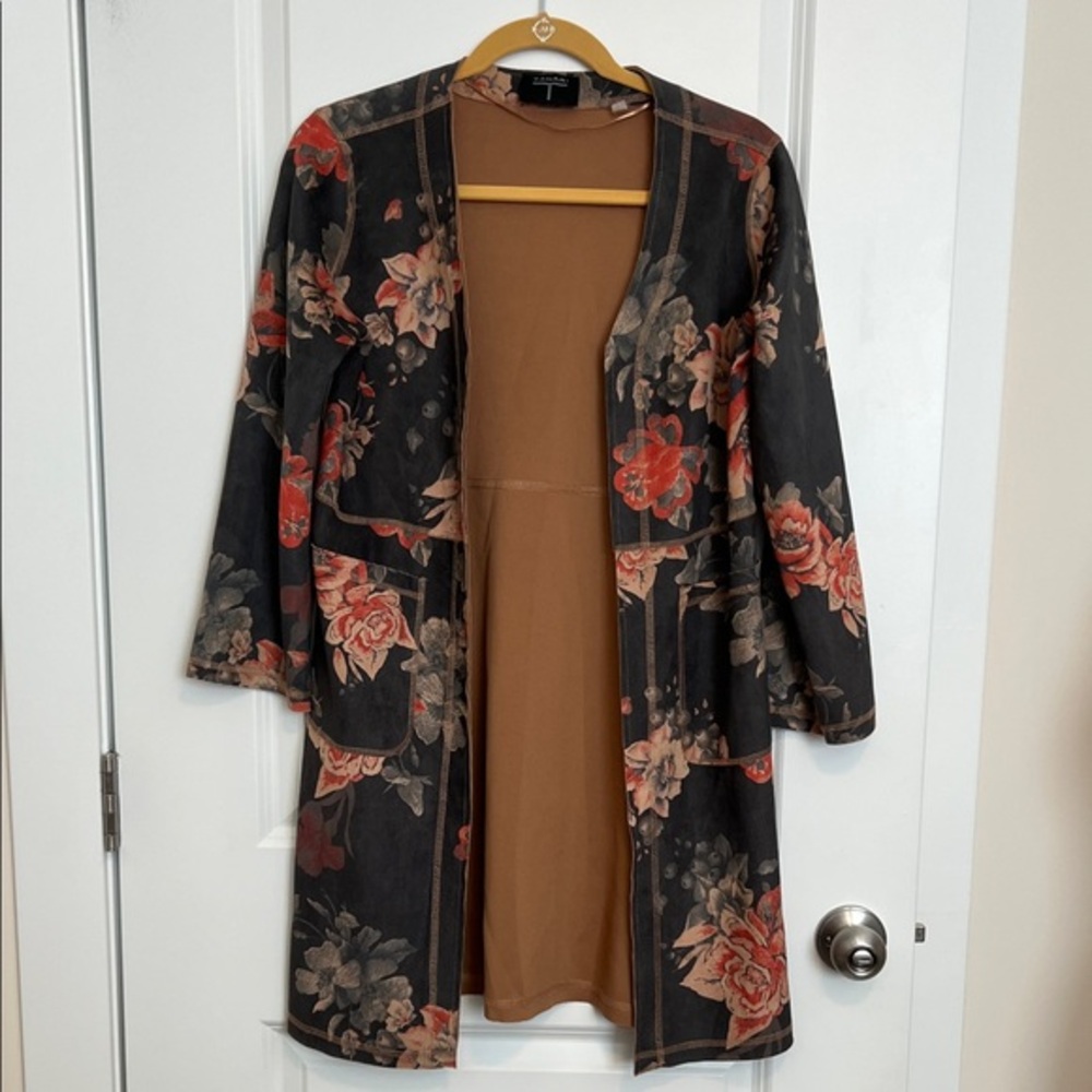 Tahari Duster Cardigan Gray Pink Rose Print Open Front Pockets Extra Small